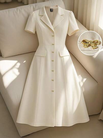 SHEIN Clasi ชุดเดรสผู้หญิงไซส์ใหญ่ สไตล์หรูหรา คอปกแลปเซล เอวคอด เดี่ยวอกสั้น แขนสั้น เหมาะสำหรับการเดินทางในช่วงฤดูร้อน