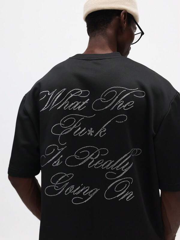 SUMWON Boxy Fit T-Shirt With Rhinestone Text Graphics And Decorative Studded Details