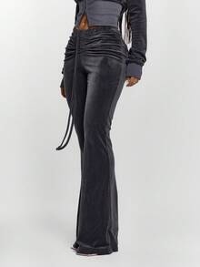MUSERA Drawstring Tie Ruched Front Low Waist Velour Skinny Fitted Flare Trousers Bottoms Only Sexy Going Out   Night Out  Cute Streetwear Pants Spring - Dark Grey - View 3