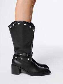 ROMWE 女式暗黑摇滚朋克哥特鞋，黑色皮带扣铆钉摩托车靴，及膝真皮马靴，西部靴 - 黑色 - 查看 4