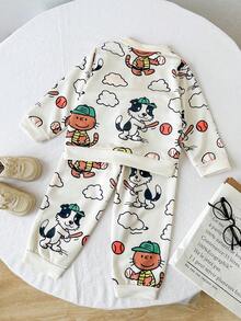 SHEIN 2pcs Young Boys Toddler Infant Kids Cute Casual Cream White All Over Cartoon Animal Cat Dog Playing Baseball Print Graphic Long Sleeve Turn Down Collar Button Polo Shirt Sweatshirt Tops And Elastic Waist Sweatpants Joggers Pants Two Piece Outfit Sets Thick Soft Clothes For Daily Wear School Fall Autumn Winter - Light Grey - View 2
