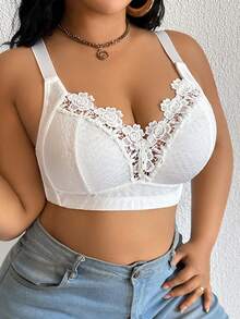 大码优雅纯色蕾丝拼接无钢圈文胸 - 白色 - 查看 5