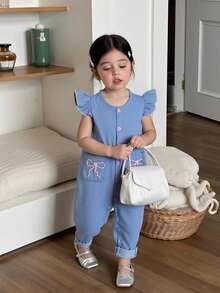 SHEIN 女婴可爱刺绣蝴蝶结口袋连体衣，春夏款