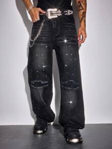 ROMWE MEN Street Life Men's Rhinestone Distressed Casual Loose Fit Washed Denim Jeans - Black - View 1
