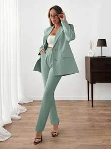 EURMUSE Women Solid Color Suit Sets Blazer Jacket And Pants Rhinestone And Button Front Detailed - Mint Green - View 5