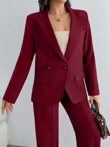 SHEIN Tall Bộ vest nữ màu nâu cà phê cỡ lớn, cài hai nút, không đối xứng, thanh lịch - Màu Đỏ Sâu - Xem 5