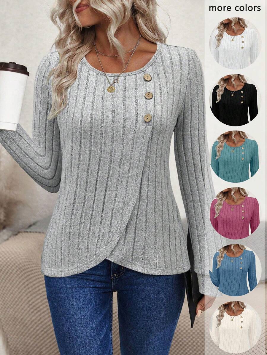 EMERY ROSE 1 件装时尚休闲纯色毛绒针织长袖荷叶边下摆秋冬新款女士 T 恤带椰子纽扣 - 灰色 - 查看 1