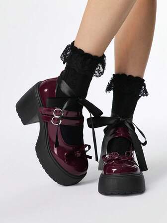 Kawaii Women's Red Mary Jane Shoes, One-Strap Buckle, Chunky Heel, Formal Dress Shoes, Bowknot Criss-Cross Strap, Work Shoes, Japanese School Uniform Shoes, Ladies High Heel Pumps