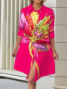 EMERY ROSE 女士花卉印花元素设计衬衫领长袖连衣裙