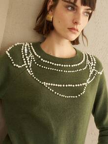 EMERY ROSE Women's Arctic Fleece Regular Fit Pearl Decorated Everyday Sweater    Sweater Winter Clothes - Green - View 6