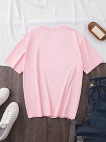 Camiseta casual de mujer estilo kawaii holgada estampado vaca cuello redondo manga corta primavera verano para uso diario - Rosa - Ver 5