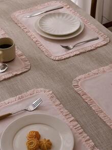荷叶边绣花棉布粉色/米色/杏色杯垫，精致餐具杯垫，隔热垫保护桌面 - 粉色 - 查看 5