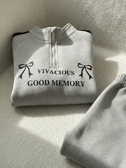 1件女童大童/青少年拉链领半拉链卫衣，蝴蝶字母印花，长袖，宽松版型，秋季休闲上衣