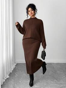 Elenzga Plus Size Elegant Turtleneck Long Sleeve Sweater Set - Coffee Brown - View 5