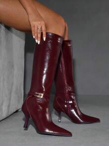 CUCCOO SZL Women's Fashionable Burgundy Buckle Knee-High Elegant Heeled Boots - Burgundy - View 12