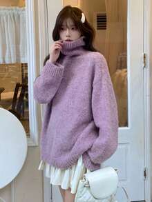 DAZY 女式高领宽松长袖休闲毛衣，秋冬 - 紫色 - 查看 6