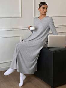 DAZY Women's Minimalist Solid Color Knit Long V-Neck Casual Dress, Autumn/Winter, Moo Moo Night Dress