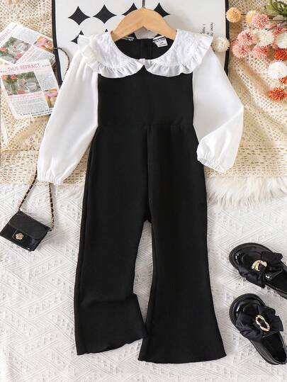 Young Girls Knitted Collared Long Sleeve Jumpsuit, Minimalist & Comfortable, Suitable For Autumn Outdoor Casual Daily Wear