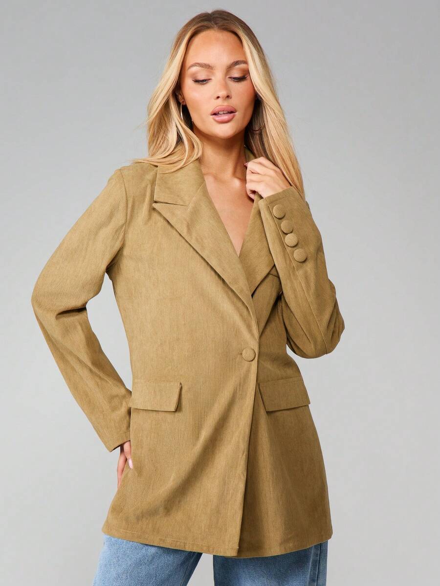 MISSGUIDED Áo khoác nhung kẻ trơn dáng ôm vai thông thường dành cho nữ - Màu xanh Ô liu - Xem 1