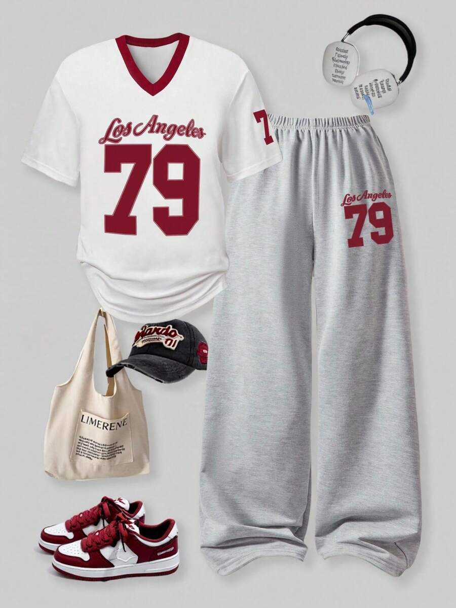 SHEIN ChillGRL 2pcs/Set Tween Girl Casual Number Graphic V-Neck Short Sleeve & Wide Leg Sports Pants Set Summer Holiday Back To School Clothes - Multicolor - View 1
