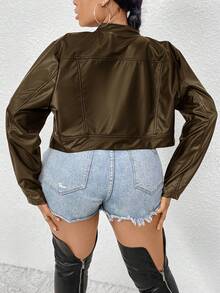 SHEIN ICON Áo khoác biker dáng ngắn bằng da PU thời trang thường ngày dành cho nữ cỡ lớn, mùa thu - xanh quân đội - Xem 2