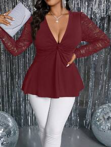 SHEIN Clasi Women's V-Neck Lace Patchwork Ruffle Sleeve Blouse - Burgundy - View 5