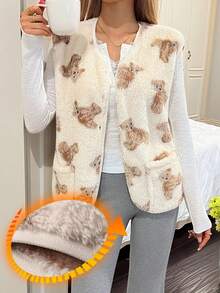 DAZY Women's Bear Pattern Fleece Sleeveless Fluffy Cozy Pajama Top, Winter - White - View 3