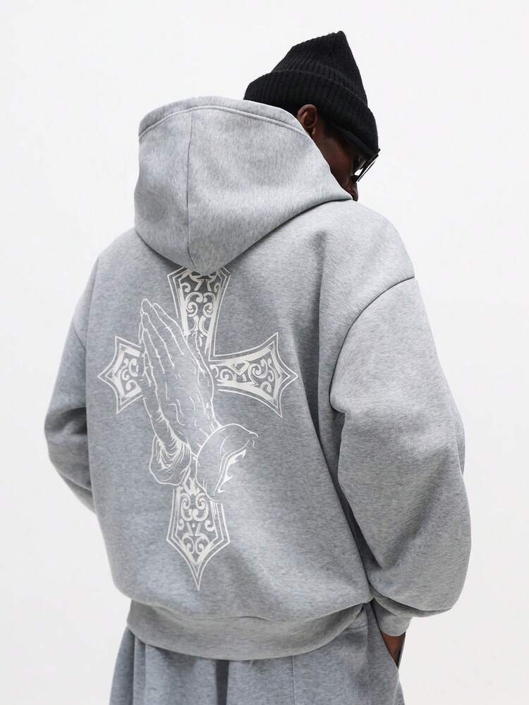 Hoodie With Cross Graphics And Praying Hands