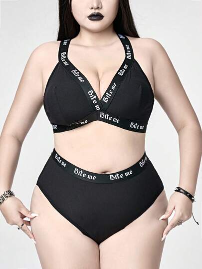 Goth Conjunto de sujetador y tanga de estilo gótico oscuro con tirantes cruzados inalámbricos para tallas grandes