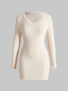 ROMWE Avant Y2K Chic Leopard Print Faux Fur Vest & V-Neck Long Sleeve Dress Set - White - View 3