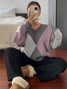 DAZY 女式格子宽松长袖圆领毛衣 - 灰色 - 查看 4