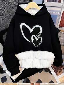 SHEIN Teen Girls Heart Pattern Long Sleeve Thermal Lined Sweatshirt, Suitable For Autumn/Winter - Black - View 1
