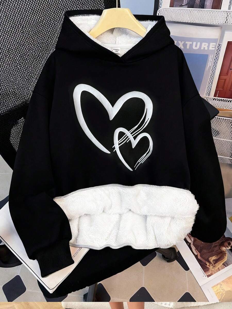 SHEIN Teen Girls Heart Pattern Long Sleeve Thermal Lined Sweatshirt, Suitable For Autumn/Winter - Black - View 1