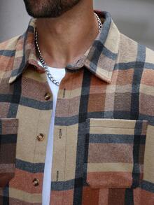 Manfinity Homme Jaket Kasual Lengan Panjang Kancing Tunggal Ukuran Besar untuk Pria - Khaki - View 5