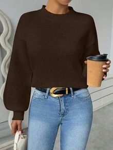 Chiquease Women's Coffee Color Round Neck Lantern Sleeve Wool Blend Sweater, Versatile Casual Everyday Wear - Coffee Brown - View 4