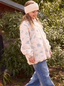 SHEIN Chaqueta con cuello alto, manga larga, con cremallera, de forro polar, con bordado floral, de estilo casual y elegante para niñas, para otoño/invierno - Blanco - Ver 8