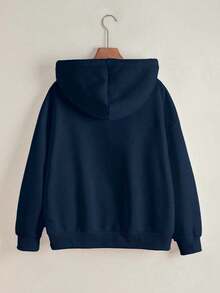 Teen Girl Casual Letter & Bow Print Zip-Up Hooded Jacket, Autumn - Navy Blue - View 2