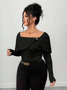 Elenzga 大码女式优雅设计针织套头衫 - 黑色 - 查看 3