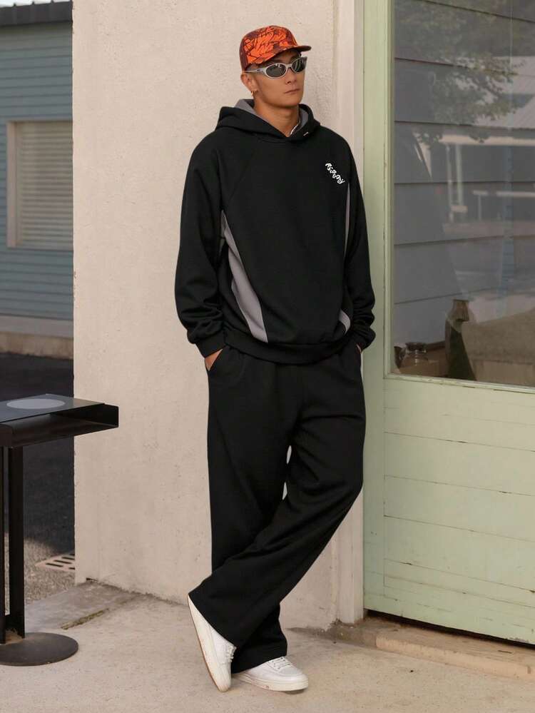 Men's Hooded Sweatshirt Set With Color Blocking In Black And Grey, Thermal Lined For Autumn/Winter