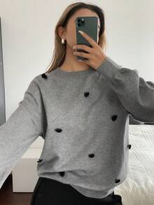 Livesso Damen Grau 3D Herz Muster Allover Muster Rundhals Strickpullover, modisch für Party, Neujahr, Weihnachten, Herbst/Winter - Grau - Übersicht 4