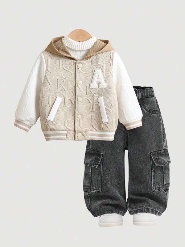 SHEIN Baby Boy/Girl Cute Khaki & Beige Color Block Letter Print Long Sleeve Hooded Jacket, Autumn/Winter Baby Boy Korean Style Jackets Baby Boy Varsity Jacket Baby Cardigan Brown Vintage Baby Boy Clothes Baby Boy Clothes Letterman