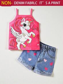 SHEIN Baby Girl Summer Casual Unicorn Printed Tank Top And  Heart Print Shorts Set