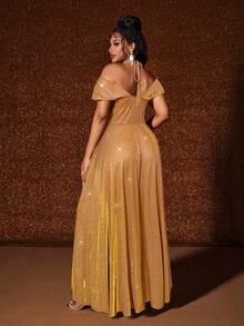 Maweii 大码无袖露肩性感开衩优雅时尚连衣裙 - 橘色 - 查看 6