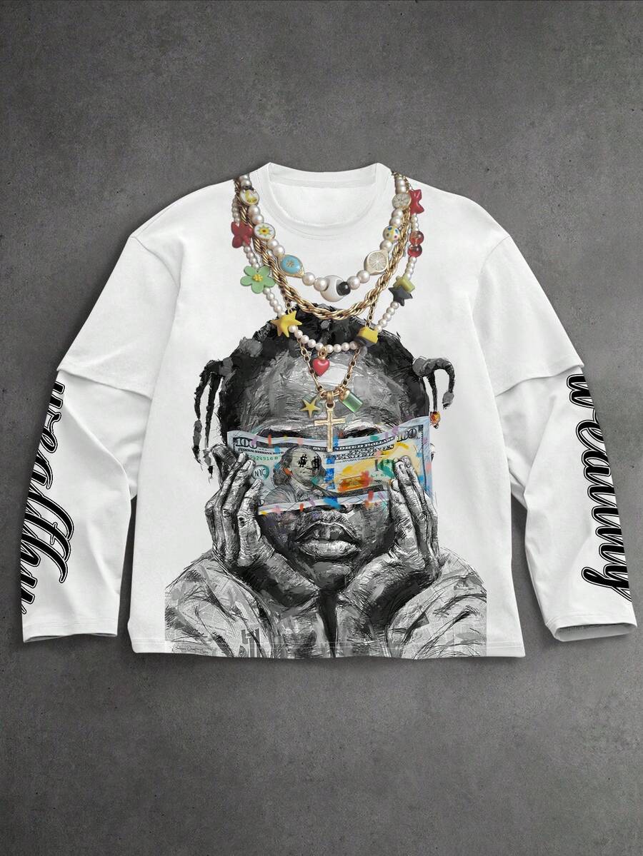 PAVTROS 男士图案 T 恤，带遮脸肖像和标语印花，街头嘻哈风格圆领二合一长袖 T 恤，秋季男装 - 彩色 - 查看 1