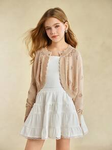 Áo len cardigan hở vai tay dài đơn hàng khuy đơn cho bé gái tuổi mới lớn - Màu be - Xem 5