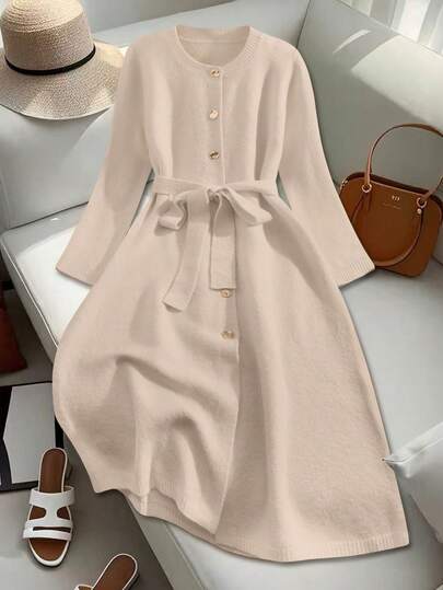 SHEIN Franclia 女士圆领纽扣配腰带长款针织毛衣裙