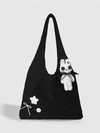 Fairycore 1pc Y2K-Style Ugly-Cute Black And White Rabbit Shoulder Bag, A Cute Star Bowknot Handbag, A Halloween Gift, A Personalized Handbag