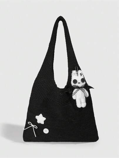 Fairycore 1pc Y2K-Style Ugly-Cute Black And White Rabbit Shoulder Bag, A Cute Star Bowknot Handbag, A Halloween Gift, A Personalized Handbag