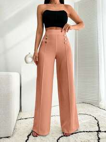 EURMUSE White Wide Leg Pallazzo Pant With Button Detail - Coral Pink - View 3