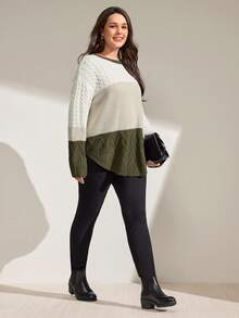 Momelise Plus Size Blogger-Inspired Colorblock Twist Rope Floral Pattern Loose Casual Crew Neck Long Sleeve Pullover Sweater, European & American Style